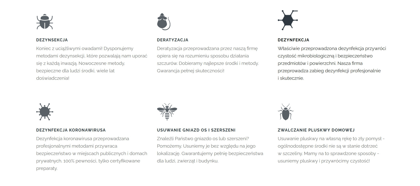 Zestawienie ikon i krótkich opisów usług związanych z dezynsekcją, deratyzacją i dezynfekcją, obejmujące zwalczanie owadów, gryzoni, wirusów, usuwanie gniazd os i szerszeni oraz zwalczanie pluskiew...