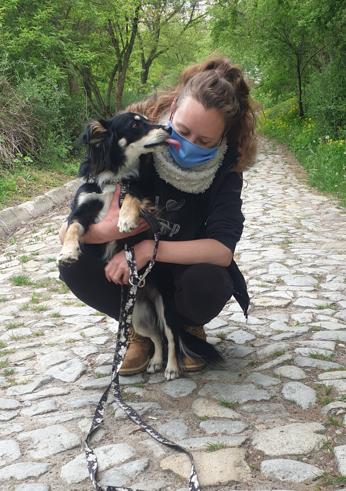Kobieta w masce przykuca na brukowanej ścieżce w parku, trzymając czarno-białego psa, który liże jej twarz.