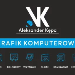 Grafika prezentująca ofertę firmy z Mielca: logo, billboardy, wizytówki, ulotki, opakowania i koszulki. Widoczne logo firmy z inicjałami oraz imię i nazwisko projektanta.