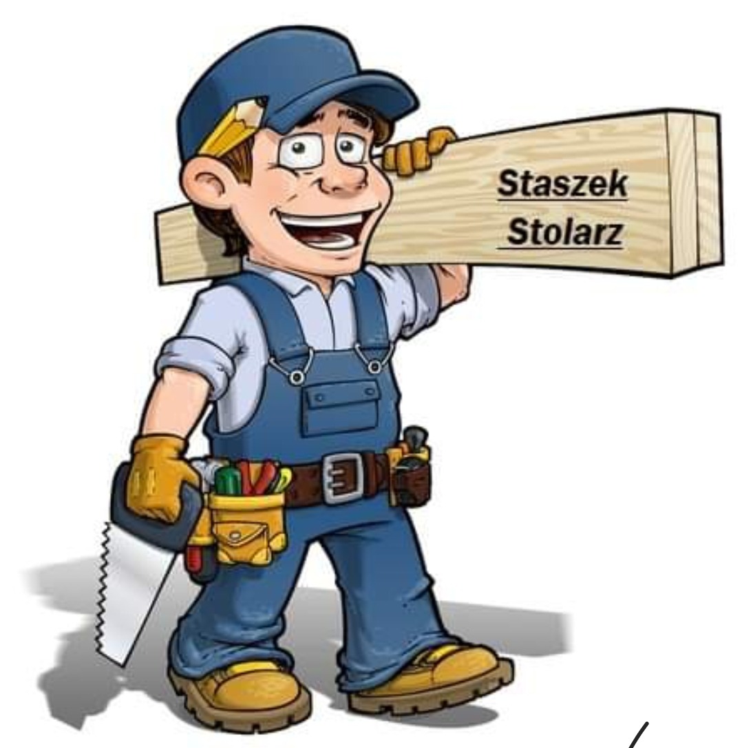 Karykatura uśmiechniętego rzemieślnika w niebieskim kombinezonie, trzymającego na ramieniu deskę z napisem 'Staszek Stolarz', z piłą w dłoni i narzędziami w pasie.