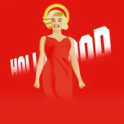 Ilustracja cyfrowa kobiety w czerwonej sukience z aureolą na czerwonym tle z napisem Hollywood