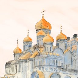 Pawel Maksymiuk - Akwarelowe przedstawienie soboru z charakterystycznymi złotymi kopułami i krzyżami, ukazane z perspektywy żabiej, z widocznymi detalami architektonicznymi i delikatnymi odcieniami błękitu i żółci.