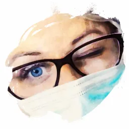 Akwarelna ilustracja twarzy w okularach i masce medycznej, z jednym okiem otwartym.