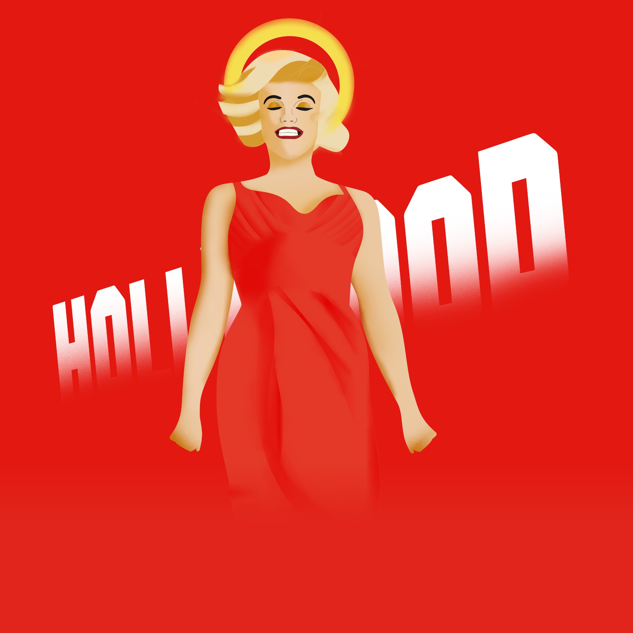 Ilustracja cyfrowa kobiety w czerwonej sukience z aureolą na czerwonym tle z napisem Hollywood