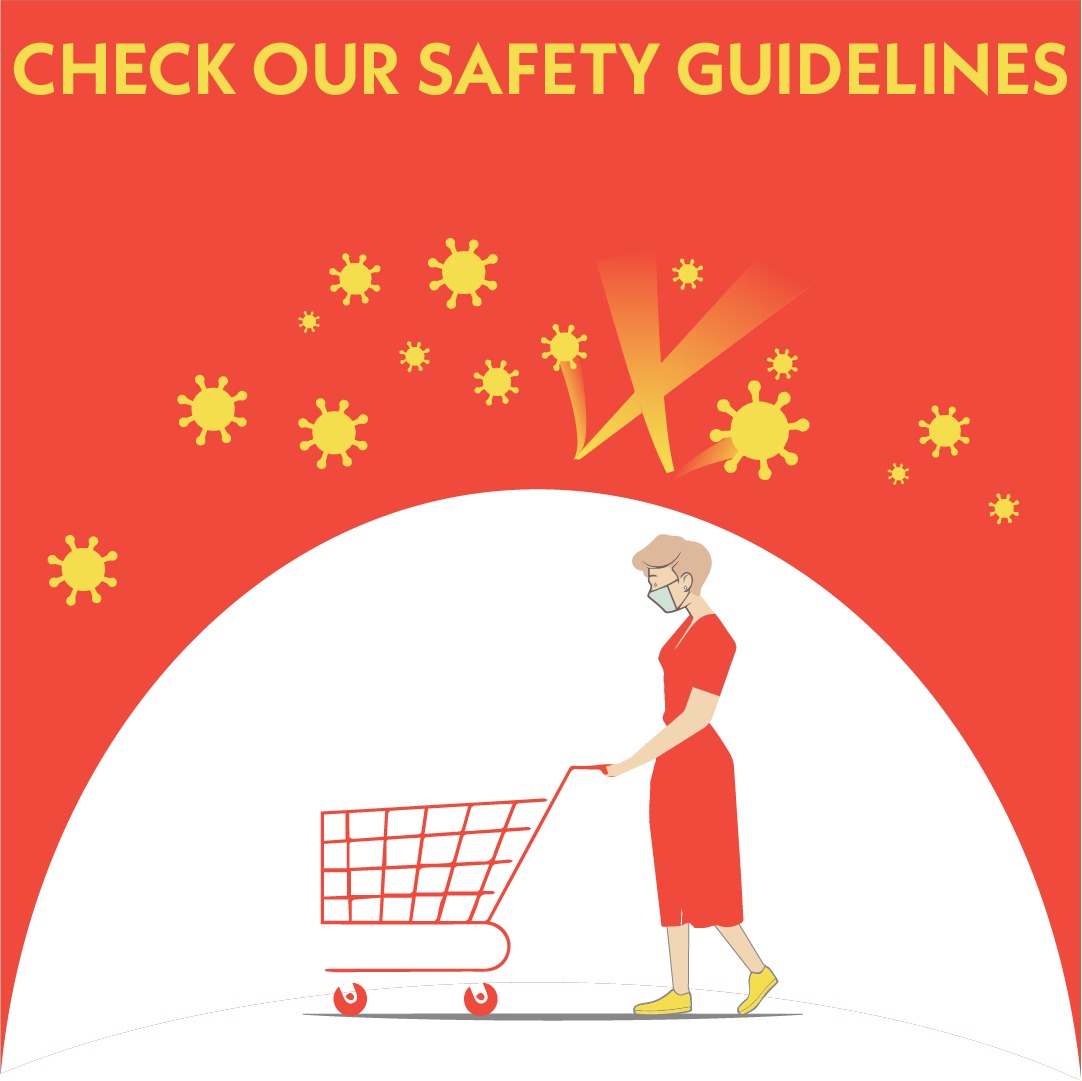 Ilustracja graficzna: kobieta w maseczce prowadzi wózek sklepowy na czerwonym tle z żółtymi symbolami wirusów i napisem 'CHECK OUR SAFETY GUIDELINES'.