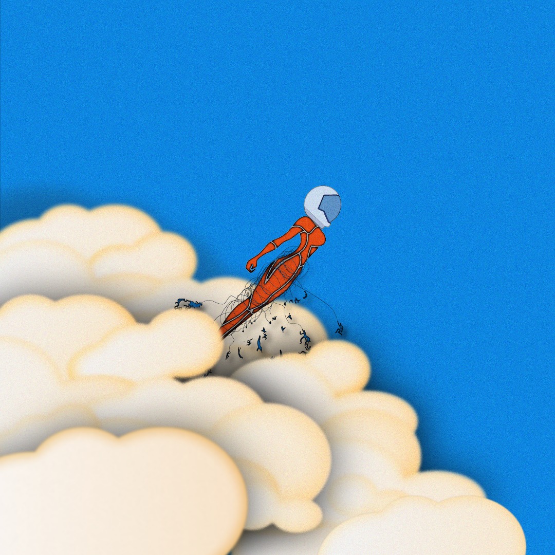 Ilustracja cyfrowa przedstawiająca postać w pomarańczowym kombinezonie i białym hełmie, unoszącą się na chmurach na tle błękitnego nieba, z drobnymi sylwetkami ludzi ciągnącymi się za nią.