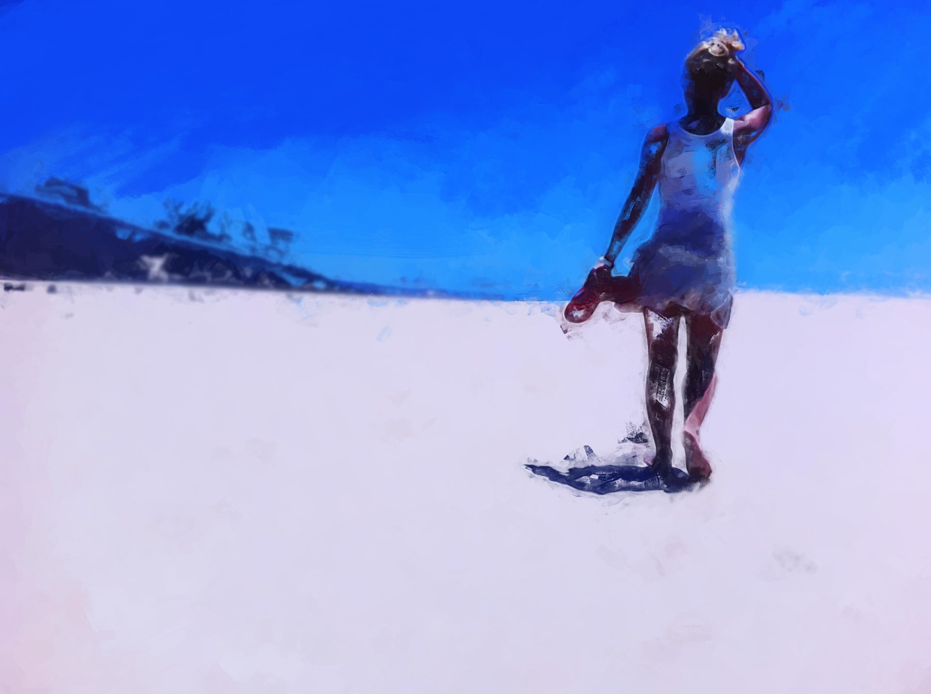 Cyfrowa ilustracja przedstawia kobietę w białej sukience, idącą po białej przestrzeni w kierunku błękitnego horyzontu, trzymającą w ręku czerwony but.