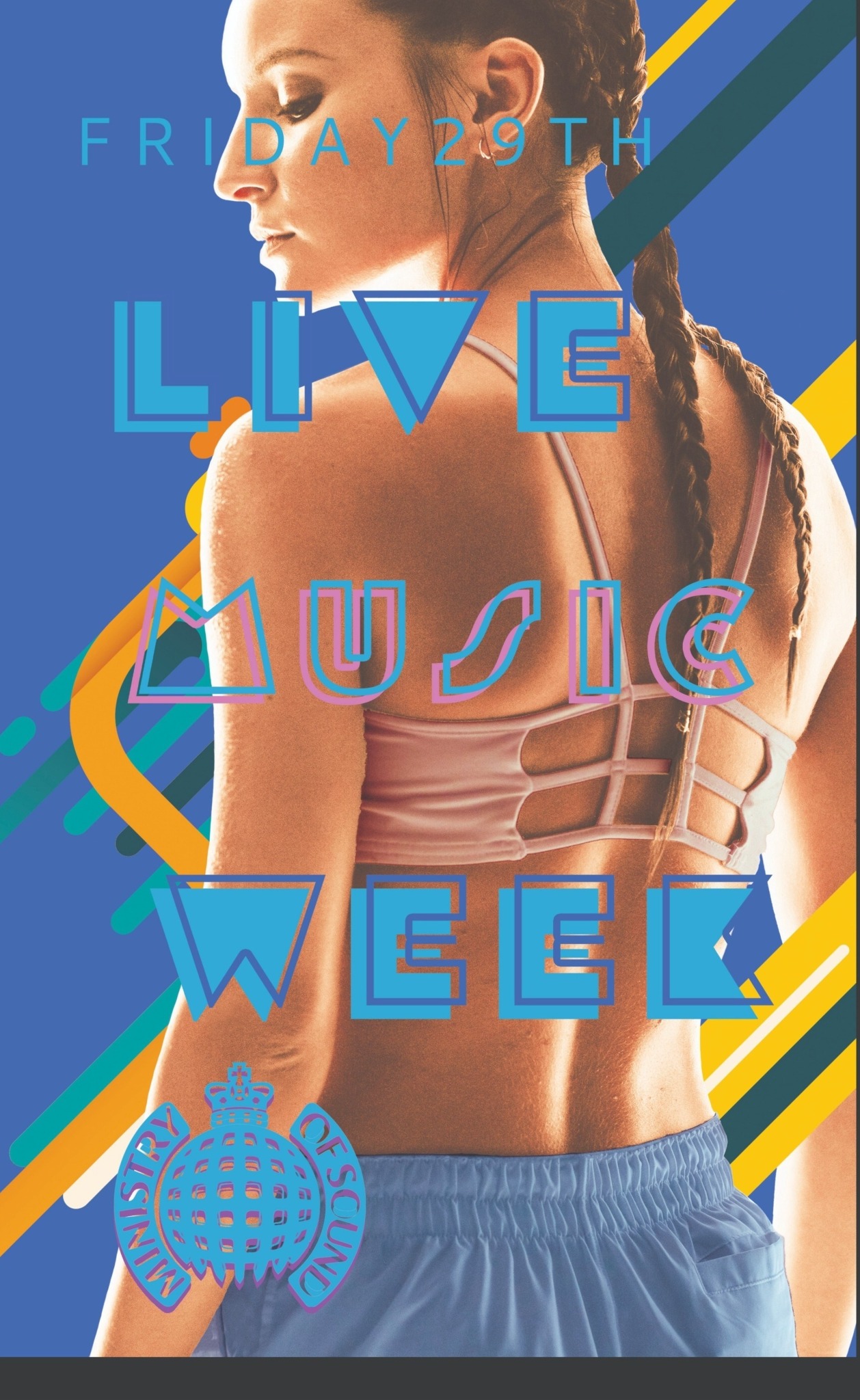 Plakat promujący wydarzenie muzyczne 'Live Music Week' z sylwetką kobiety w sportowym stroju na tle niebieskim z geometrycznymi elementami i logo Ministry of Sound.
