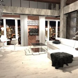 Wizualizacja przestronnego, dwupoziomowego apartamentu w stylu loft z widokiem na miasto nocą, obejmująca białą sofę narożną z brązowymi poduszkami, szklany stolik kawowy, białe krzesła przy...
