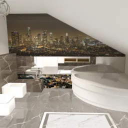 Nowoczesna łazienka na poddaszu z marmurowymi ścianami i podłogą, białą armaturą, wanną narożną i fototapetą z panoramą miasta w tle.