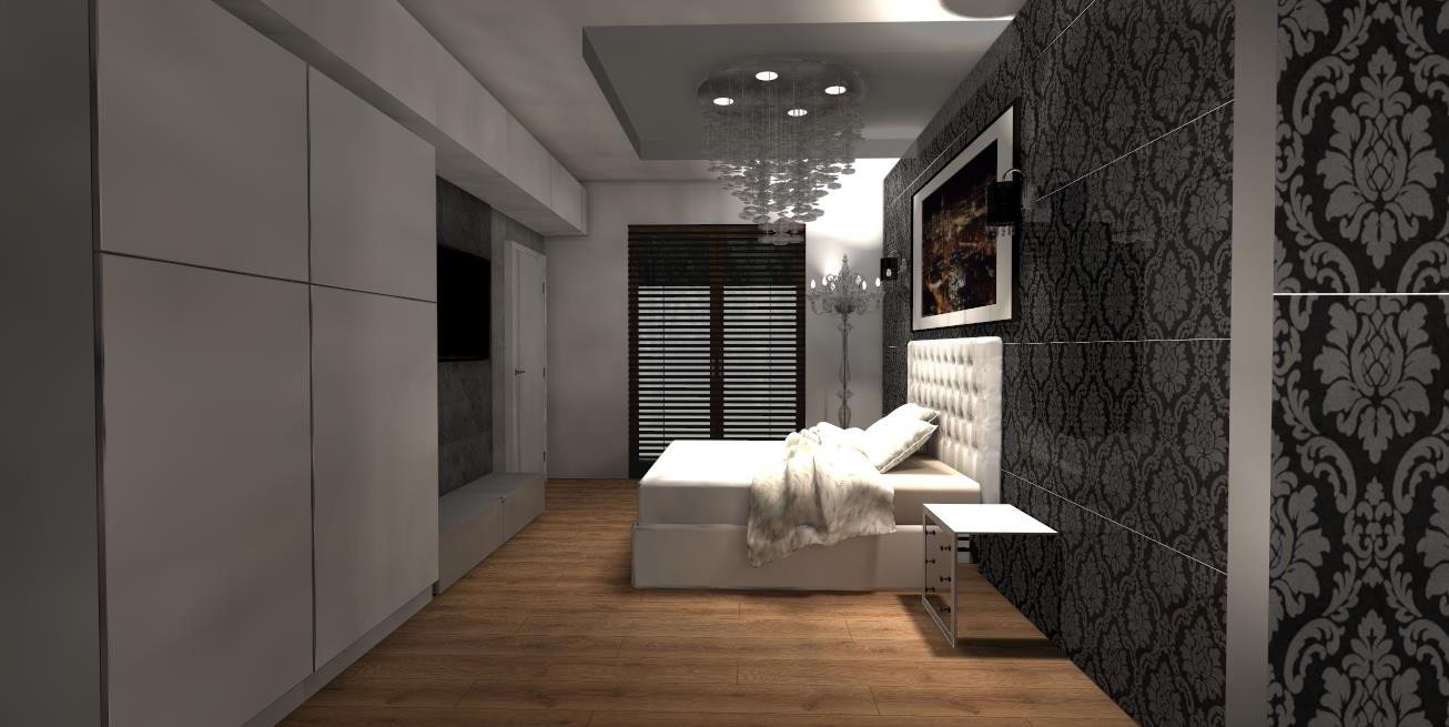 Nowoczesna sypialnia z dużą białą szafą w zabudowie, łóżkiem z pikowanym zagłówkiem i czarną tapetą w ornamenty, oświetlona dekoracyjnym żyrandolem.