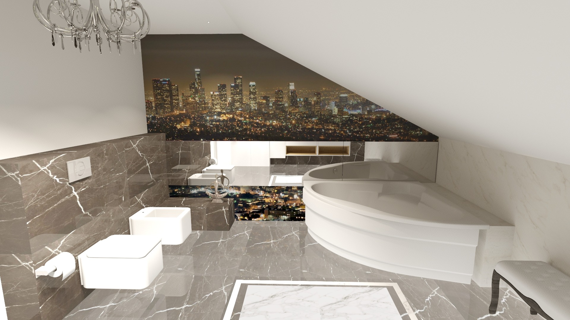 Nowoczesna łazienka na poddaszu z marmurowymi ścianami i podłogą, białą armaturą, wanną narożną i fototapetą z panoramą miasta w tle.