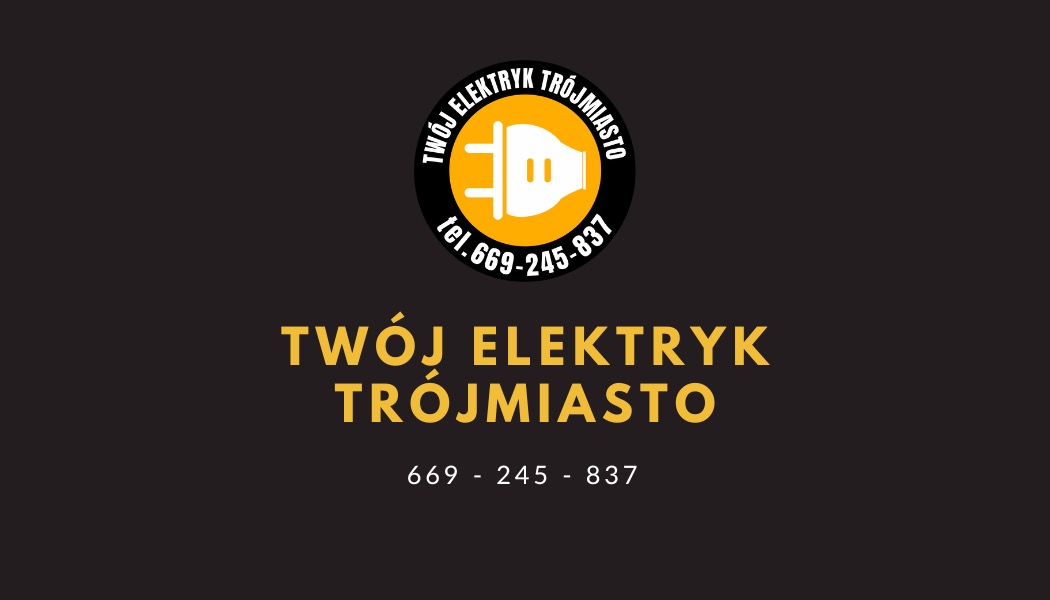 Logo firmy 'Twój Elektryk Trójmiasto' z wtyczką w okręgu i numerem telefonu 669-245-837 na czarnym tle.