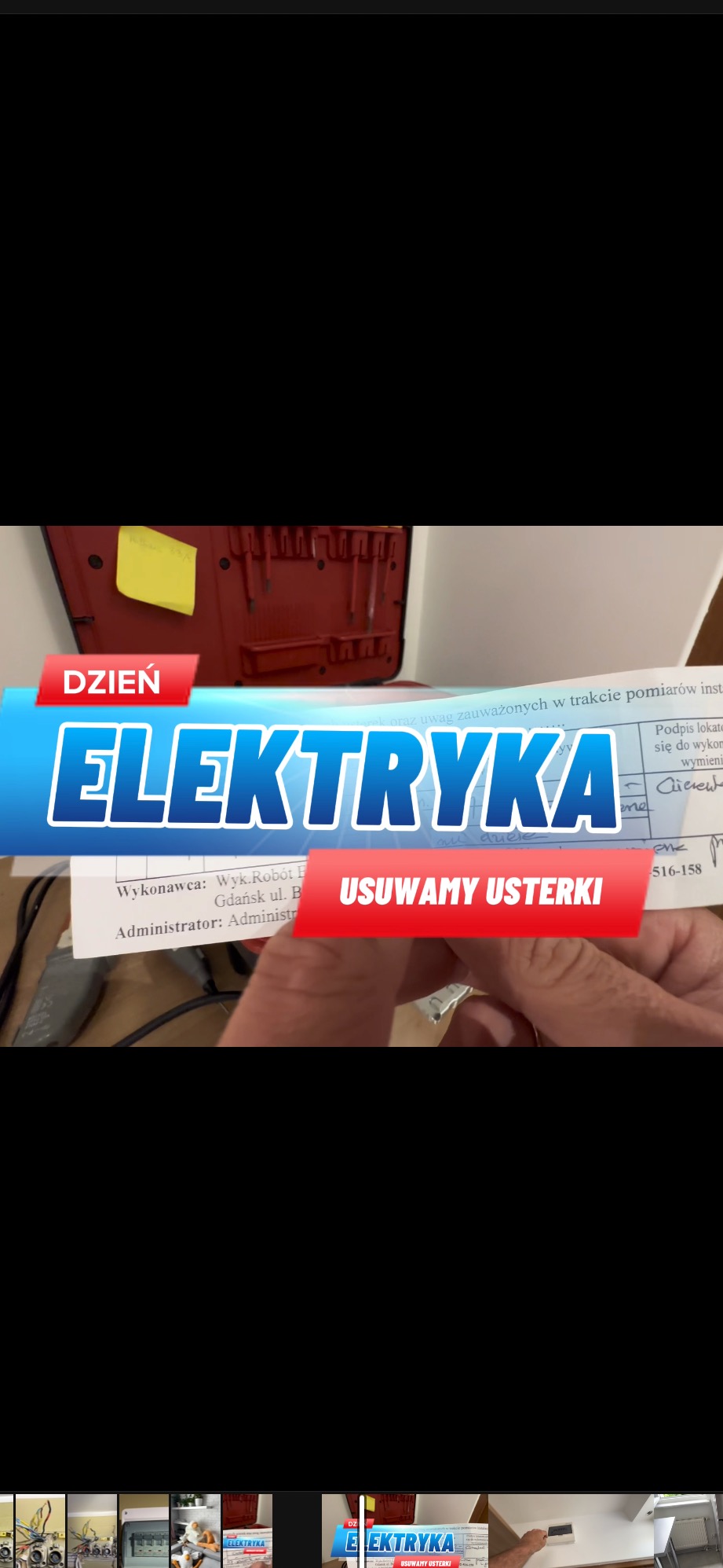 Zdjęcie z bliska przedstawia formularz z danymi wykonawcy robót elektrycznych z Gdańska, z naklejką 'Dzień Elektryka' i napisem 'Usuwamy usterki', obok widoczna skrzynka z narzędziami.