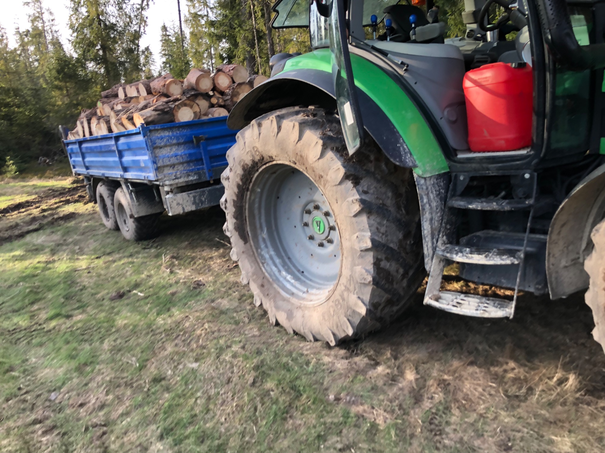 Zielono-szary traktor z niebieską przyczepą pełną pociętych kłód drewna na trawiastym terenie z drzewami w tle.
