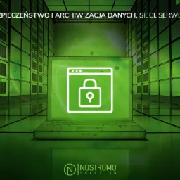 Laptop wyświetlający ikonę kłódki na tle serwerowni, z tekstem 'Bezpieczeństwo i archiwizacja danych, sieci, serwera' i logo firmy.