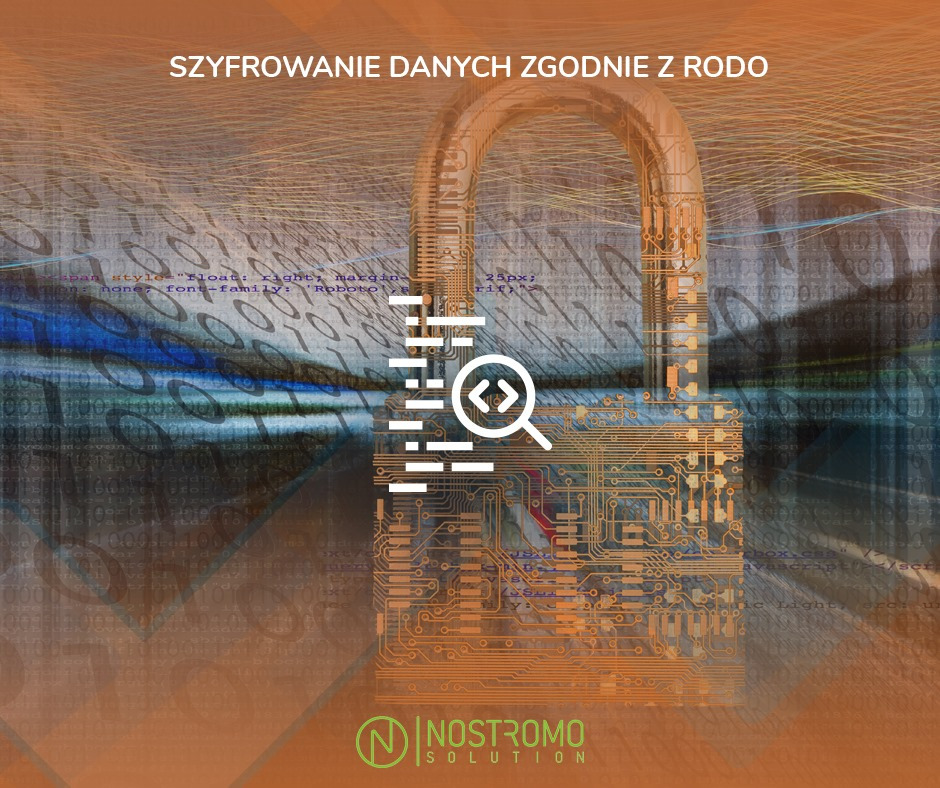 Stylizowany wizualny motyw zabezpieczeń danych RODO: kłódka z obwodem drukowanym, napis 'Szyfrowanie danych zgodnie z RODO', logo Nostromo Solutions na tle kodu binarnego.