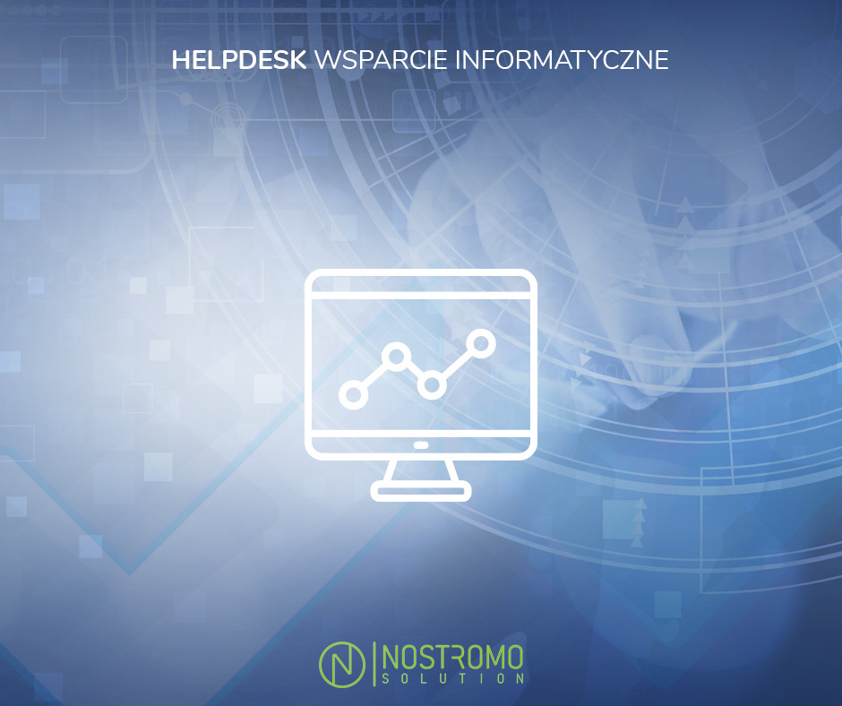 Grafika wektorowa przedstawiająca monitor z wykresem wzrostu na niebieskim tle z napisem HELPDEK WSPARCIE INFORMATYCZNE oraz logo firmy Nostromo Solution.