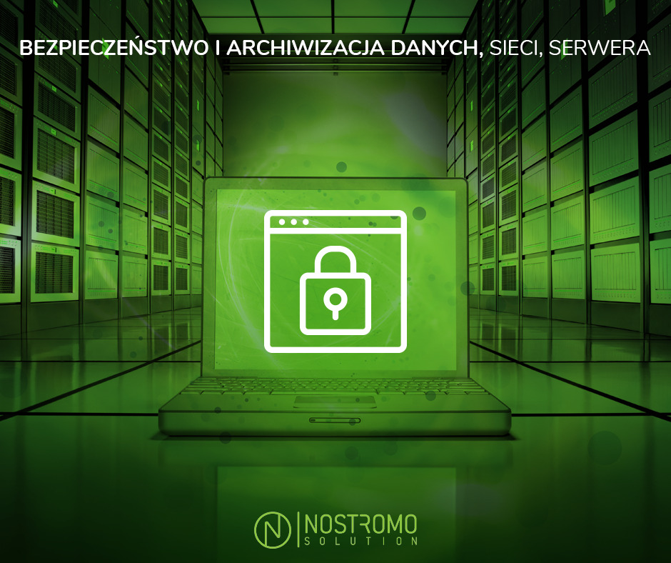 Laptop wyświetlający ikonę kłódki na tle serwerowni, z tekstem 'Bezpieczeństwo i archiwizacja danych, sieci, serwera' i logo firmy.