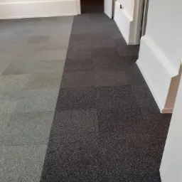 Fragment podłogi w pomieszczeniu z widoczną różnicą w kolorze dywanu po czyszczeniu, od jaśniejszego do ciemniejszego, z białymi listwami przypodłogowymi i otwartymi drzwiami w tle.