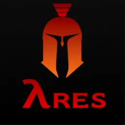 Logo firmy odzieżowej przedstawiające stylizowany hełm spartański w odcieniach czerwieni i pomarańczy nad napisem 'ARES' z symbolem lambda w miejscu litery A, wszystko na czarnym tle.