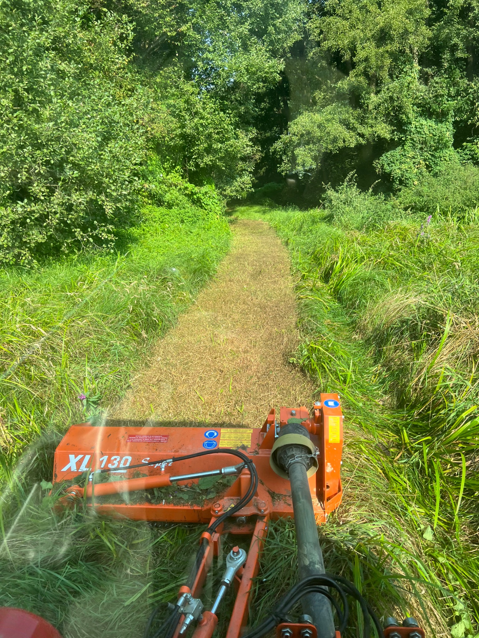 Widok z perspektywy operatora na kosiarce bijakowej XL 130 podczas koszenia wysokiej trawy na łące, pozostawiającej pokos na miejscu. W tle widoczny pas skoszonej trawy prowadzący w kierunku...