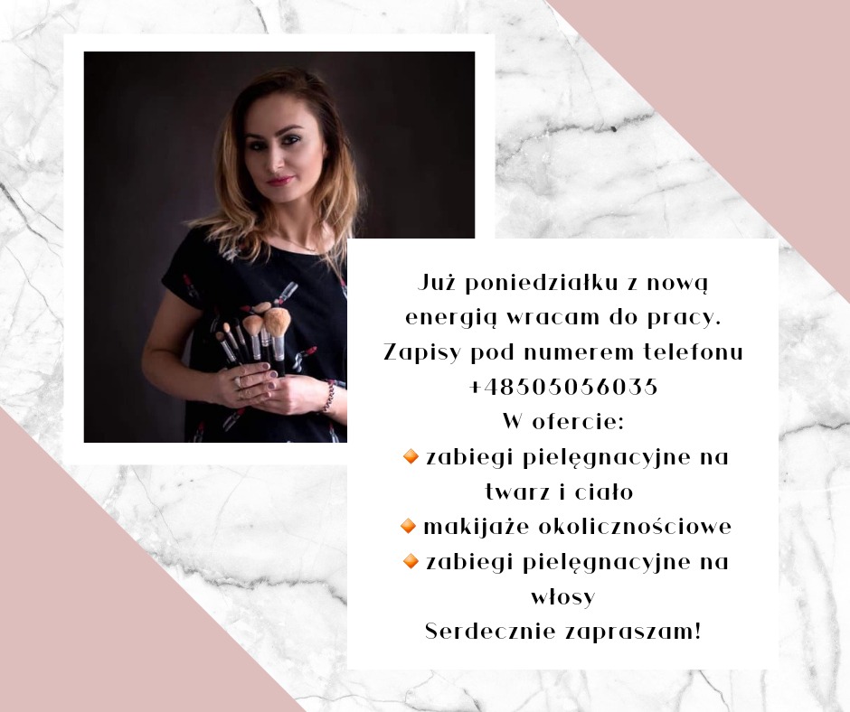 Portret kobiety trzymającej pędzle do aplikacji kosmetyków, na koszulce wzór z szminkami, obok tekst reklamowy z ofertą zabiegów pielęgnacyjnych i numerem telefonu.