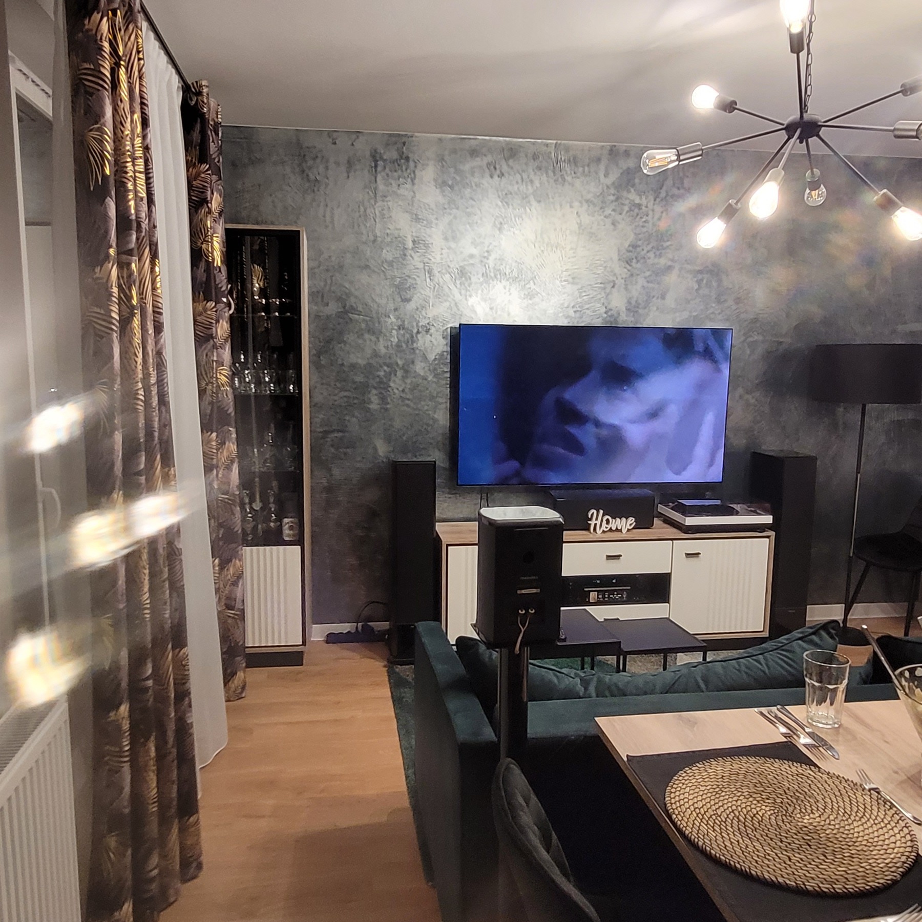 Szara ściana z efektem dekoracyjnym w salonie, widoczny telewizor, szafka RTV, kolumny głośnikowe, lampa sufitowa w stylu industrialnym oraz zasłony z motywem liści