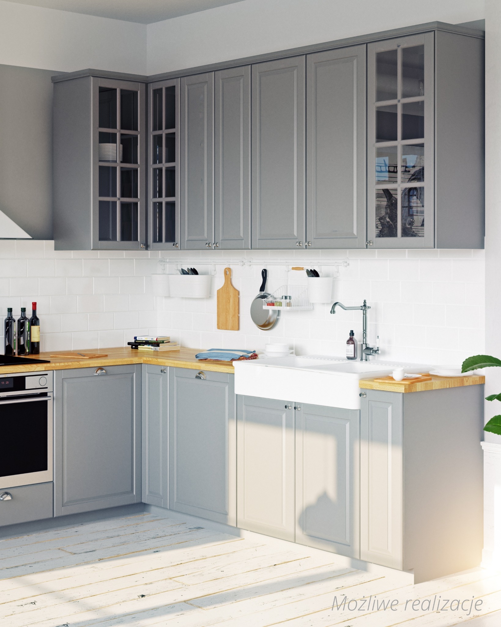 Szara kuchnia z drewnianym blatem, białymi kafelkami na ścianie i białym zlewem farmerskim, oświetlona promieniami słońca padającymi na podłogę z desek.