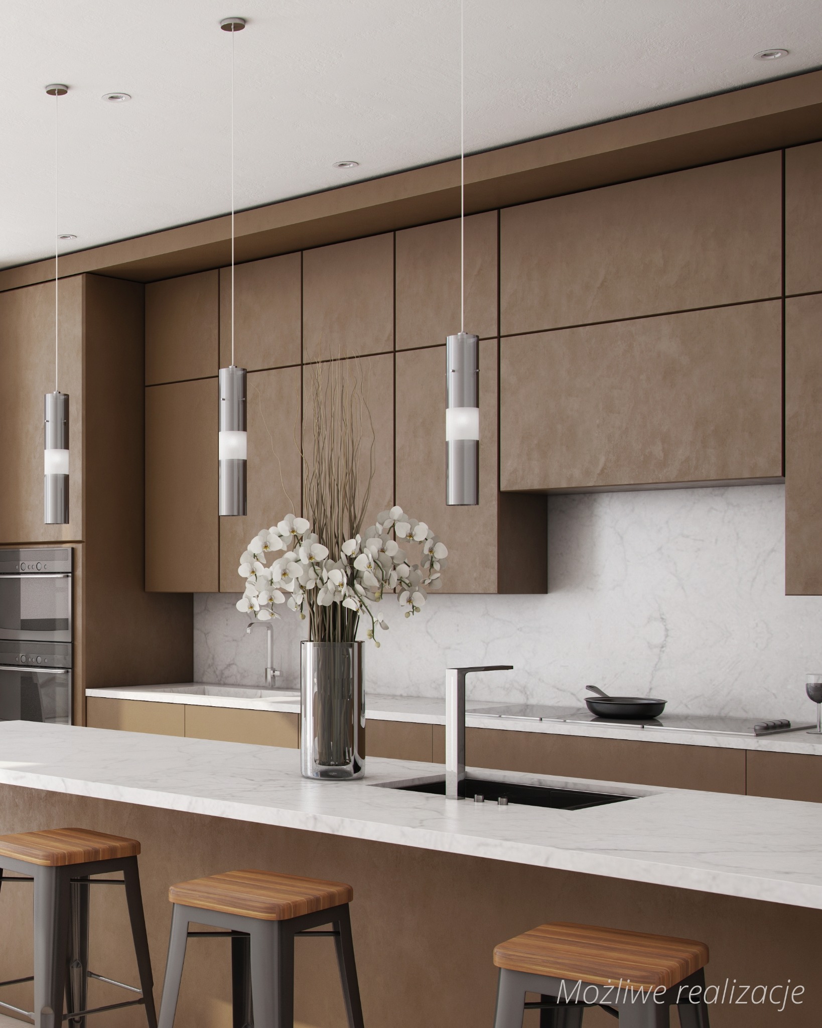 Nowoczesna kuchnia z brązowymi szafkami, marmurowym blatem i trzema metalowymi lampami wiszącymi. Na blacie stoi wazon z białymi orchideami i suszonymi gałązkami. Widoczne trzy drewniane hokery.