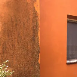 Fragment pomarańczowej elewacji budynku: lewa strona zabrudzona, prawa czysta z oknem. U dołu widoczny fragment rośliny w doniczce.