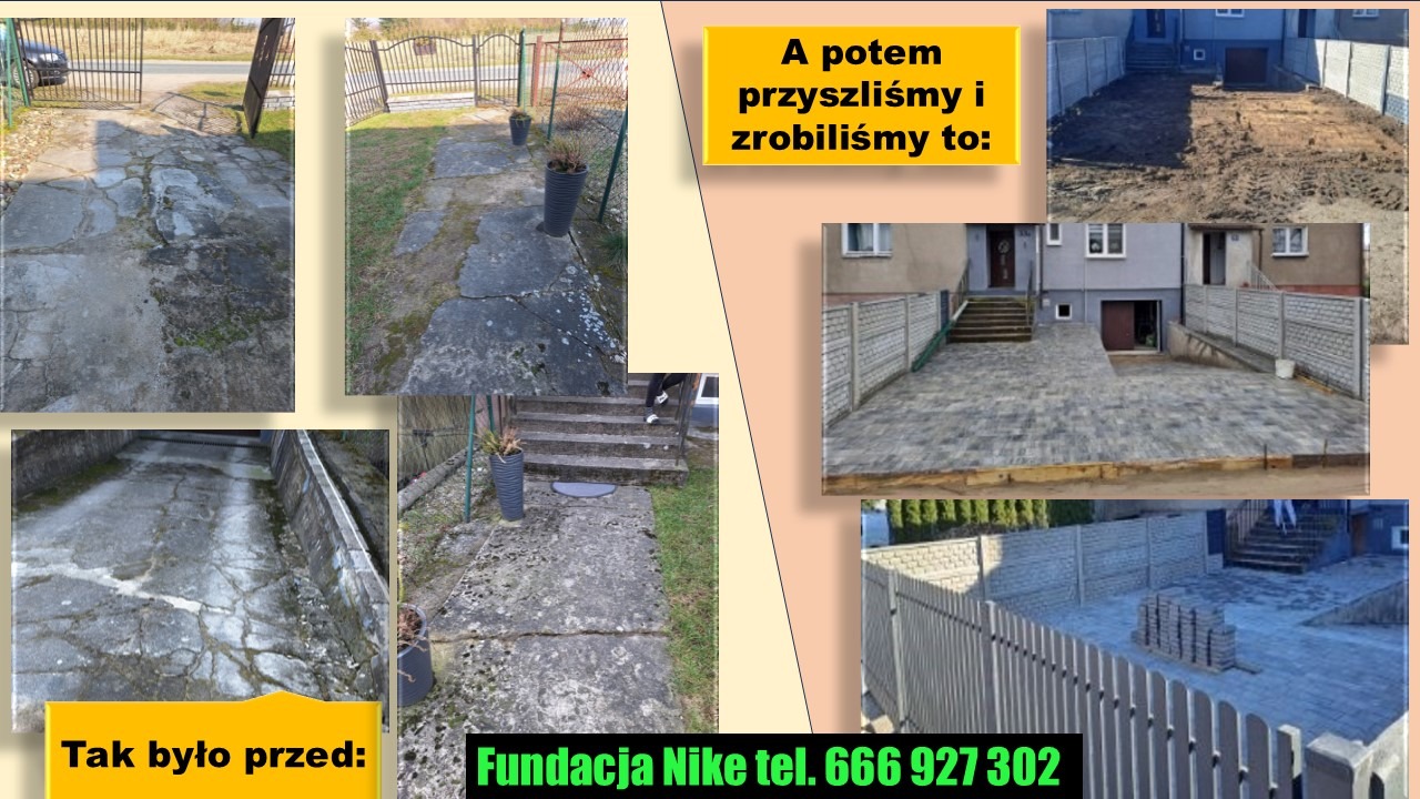 Kompozycja zdjęć 'przed i po' prezentująca efekt ułożenia szarej kostki brukowej na podjeździe i ścieżce, otoczonej zielenią i ogrodzeniem. Widoczne etapy prac.