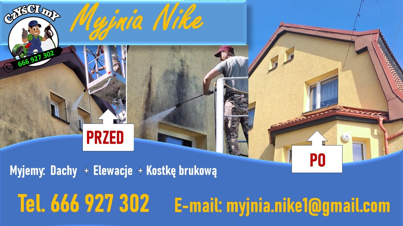 Czyszczenie elewacji domu przed i po, z użyciem myjki ciśnieniowej z podnośnika. Widoczny pracownik w trakcie pracy. Oferta firmy z danymi kontaktowymi.