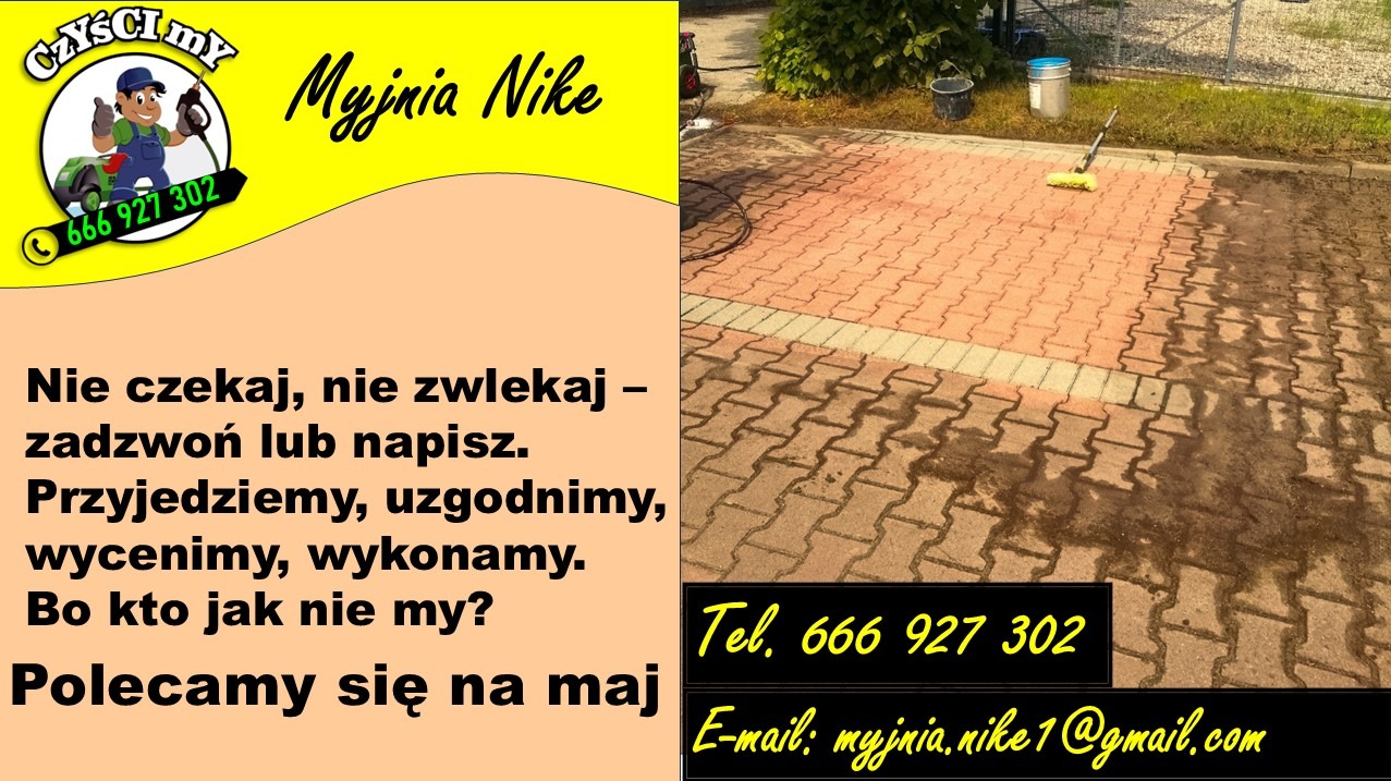 Grafika reklamowa: Częściowo umyta kostka brukowa z widocznym narzędziem do mycia i danymi kontaktowymi firmy 'Myjnia Nike'.