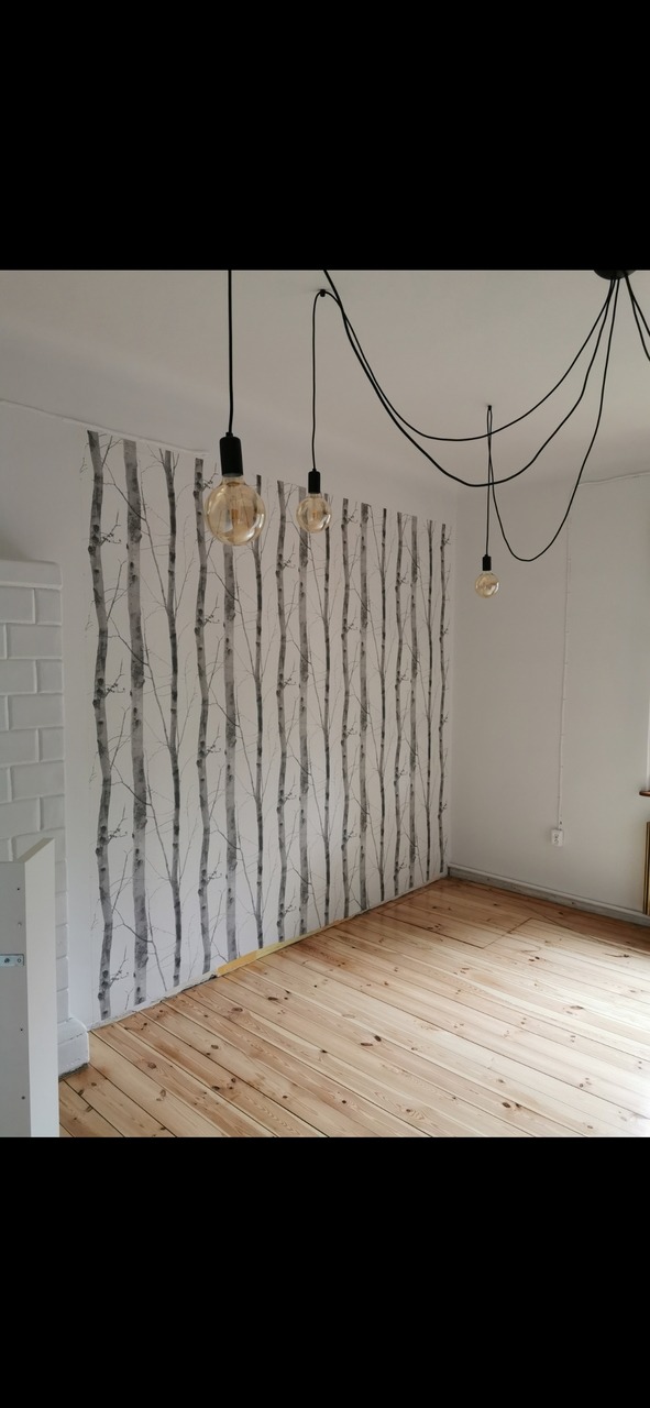 Pokój po odświeżeniu: ściana z tapetą w motyw brzozowego lasu, surowa drewniana podłoga, zwisające żarówki na czarnych kablach. Fragment ściany wyłożonej białymi płytkami.