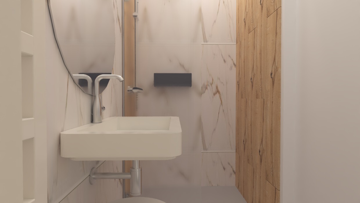 Nowoczesna łazienka z umywalką nablatową i okrągłym lustrem, wykończona płytkami imitującymi marmur i drewnem.