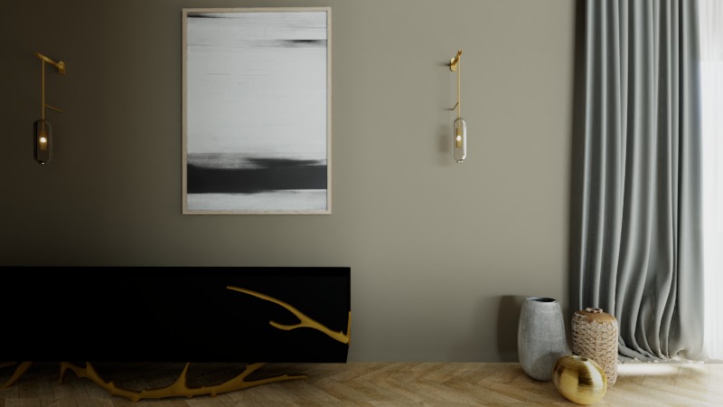Nowoczesny salon z czarną szafką RTV z elementami w kolorze złotym, abstrakcyjny obraz w ramie, minimalistyczne lampy ścienne, dekoracyjne wazony i zasłony w odcieniach szarości.