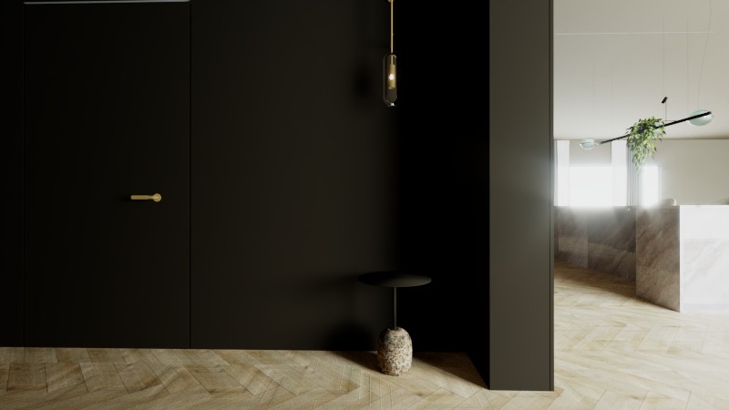 Minimalistyczne wnętrze: czarne drzwi z złotą klamką, marmurowy stolik, wisząca lampa i widok na kuchnię z roślinami.