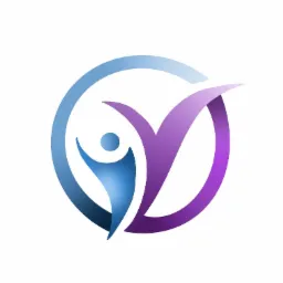 Abstrakcyjne logo przedstawiające stylizowaną sylwetkę człowieka w niebieskim okręgu, połączoną z fioletowym symbolem przypominającym liść lub znak akceptacji.