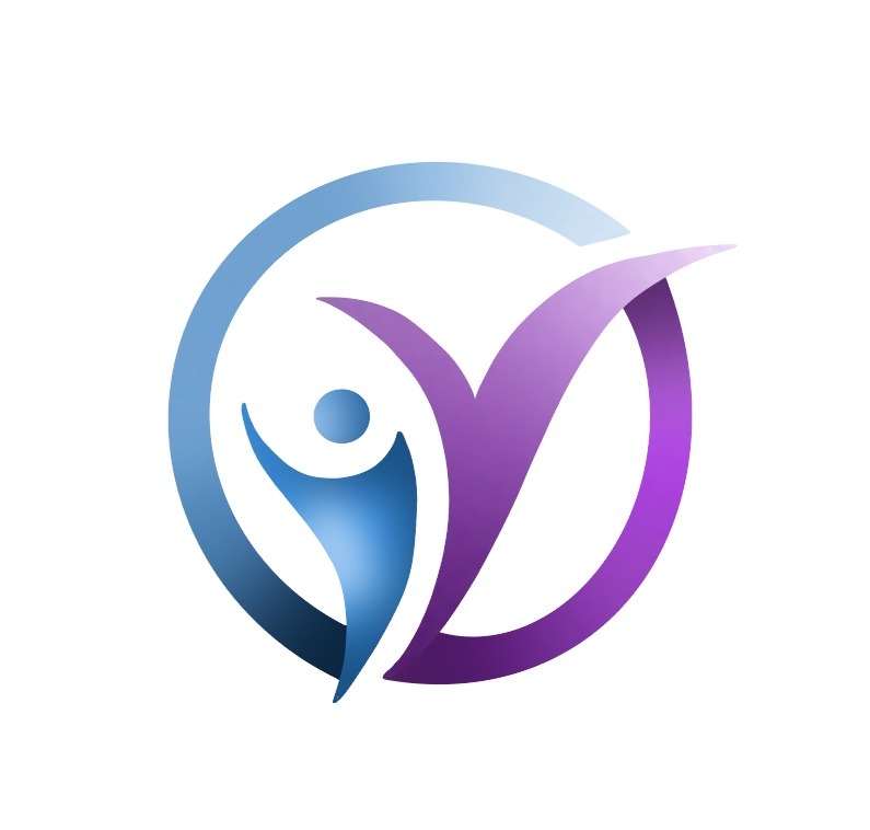 Abstrakcyjne logo przedstawiające stylizowaną sylwetkę człowieka w niebieskim okręgu, połączoną z fioletowym symbolem przypominającym liść lub znak akceptacji.