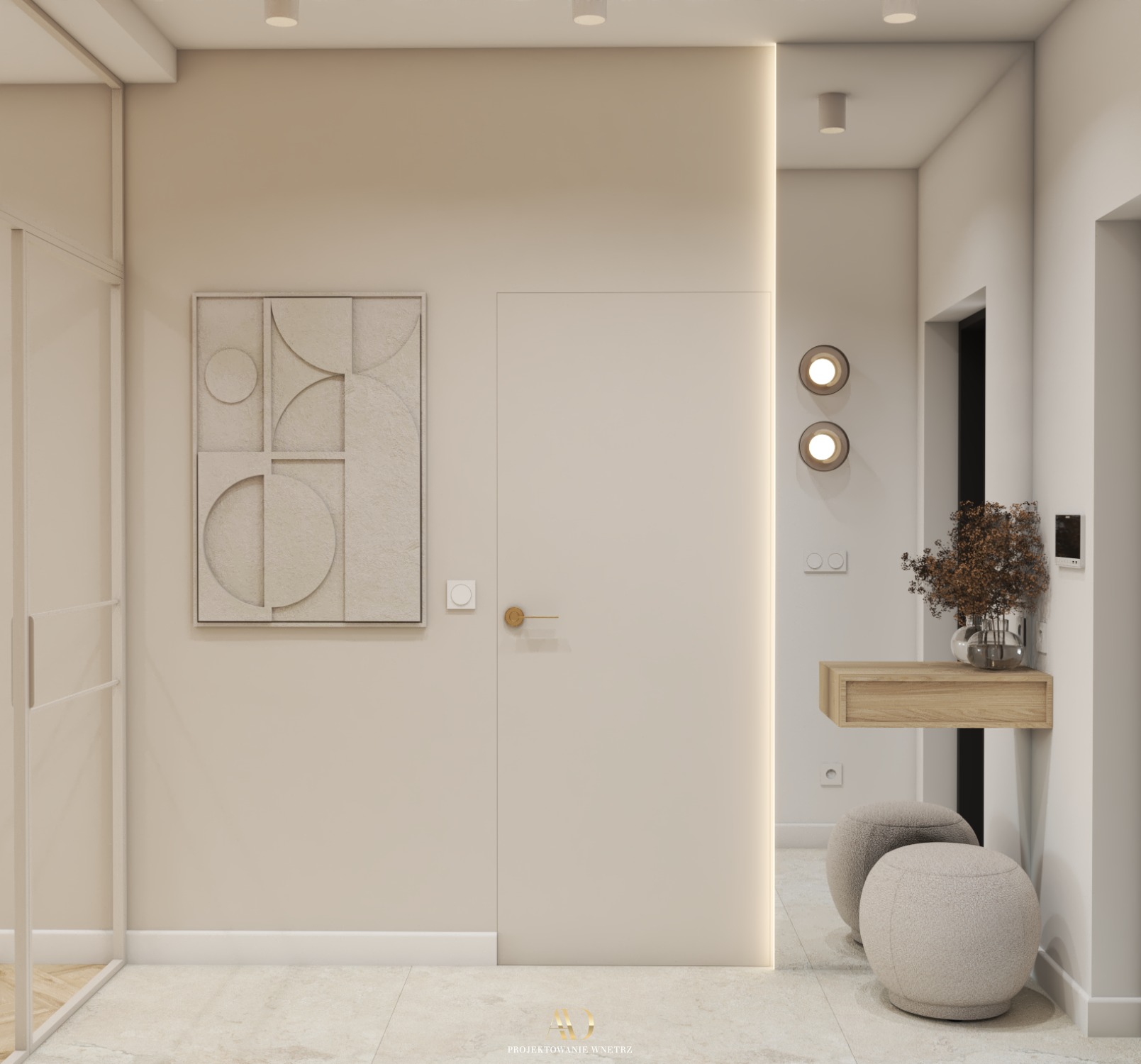 Nowoczesny przedpokój w beżowej tonacji z geometrycznym obrazem, ukrytymi drzwiami z podświetleniem LED, konsolą z drewna i pufami w kształcie kuli.