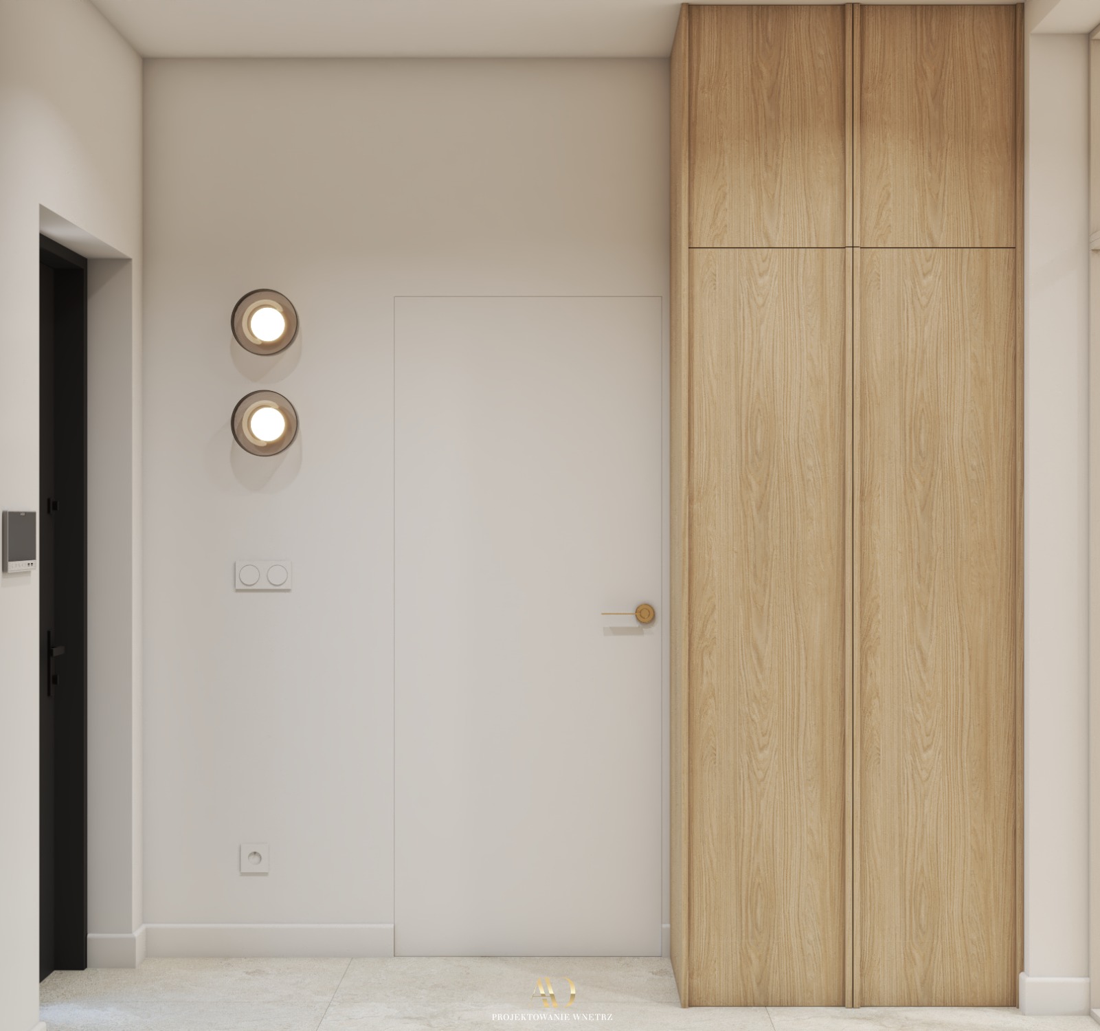 Minimalistyczny przedpokój z drewnianą szafą w zabudowie, białymi drzwiami i okrągłymi lampami ściennymi z ciepłym światłem.