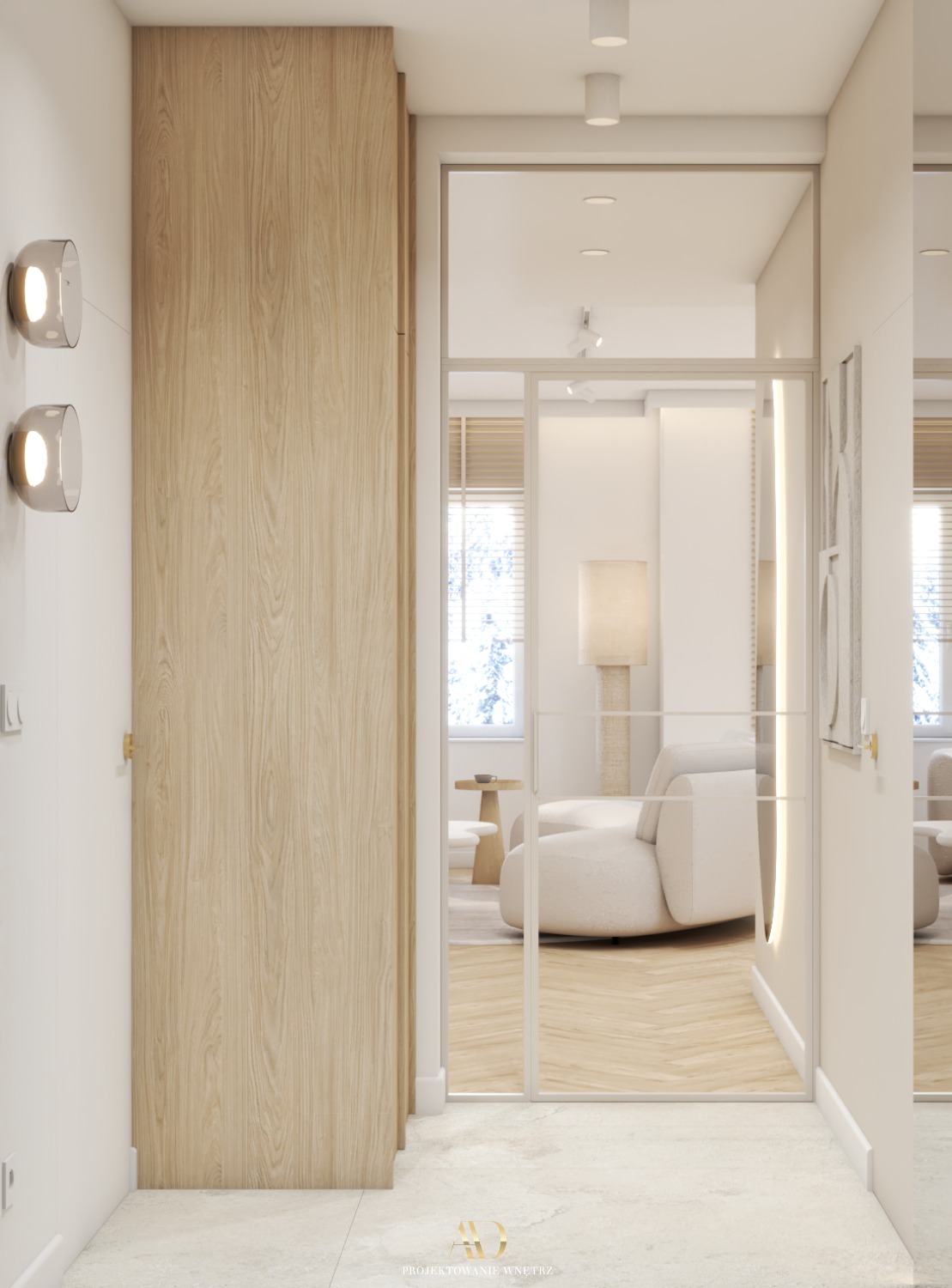 Nowoczesny korytarz z drewnianą szafą w zabudowie, okrągłymi lampami ściennymi i przeszklonym wejściem do salonu z beżową sofą i parkietem w jodełkę.