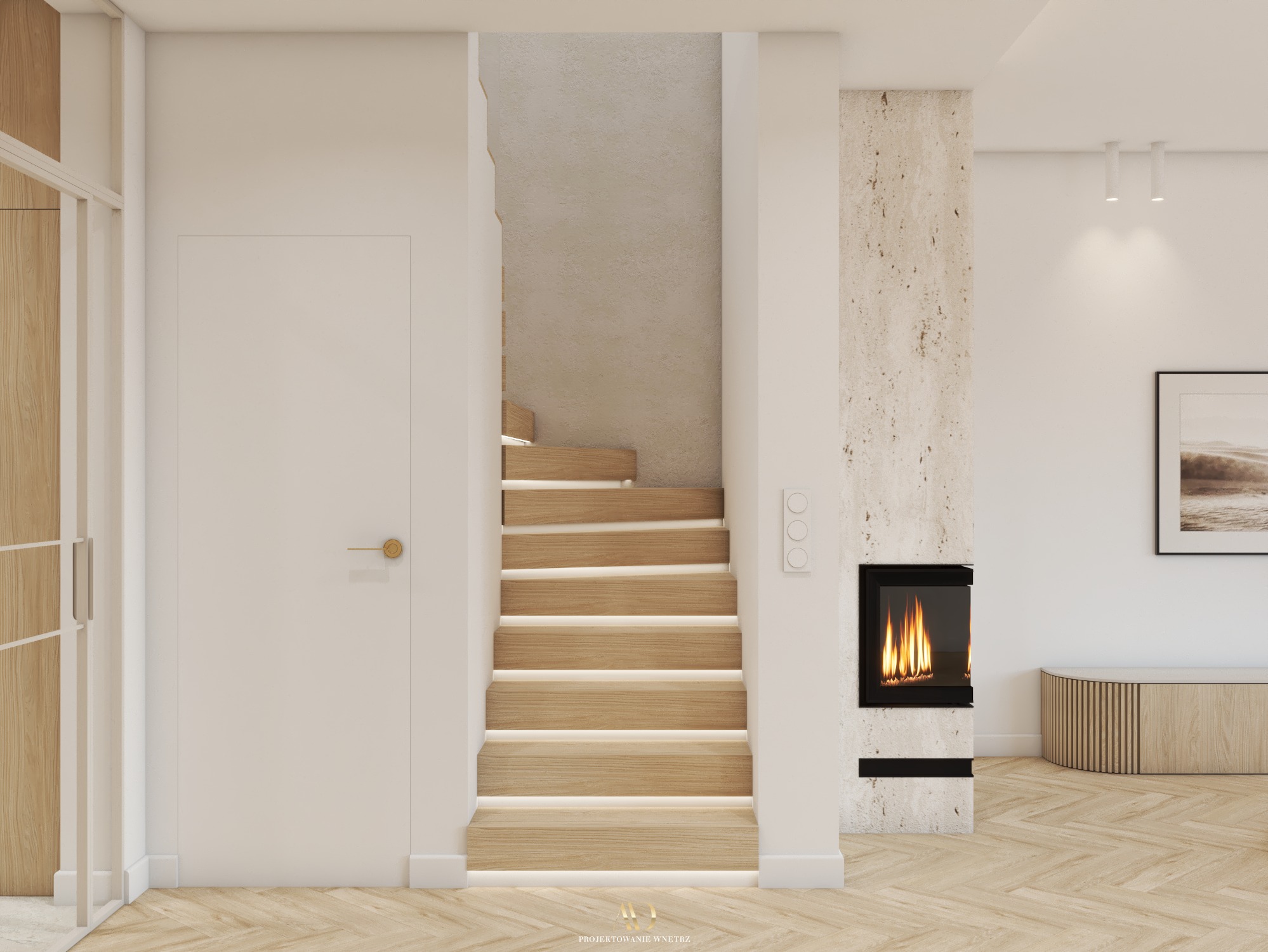Jasne, nowoczesne wnętrze z drewnianymi schodami z podświetleniem LED, minimalistycznym kominkiem obudowanym kamieniem i parkietem ułożonym w jodełkę.