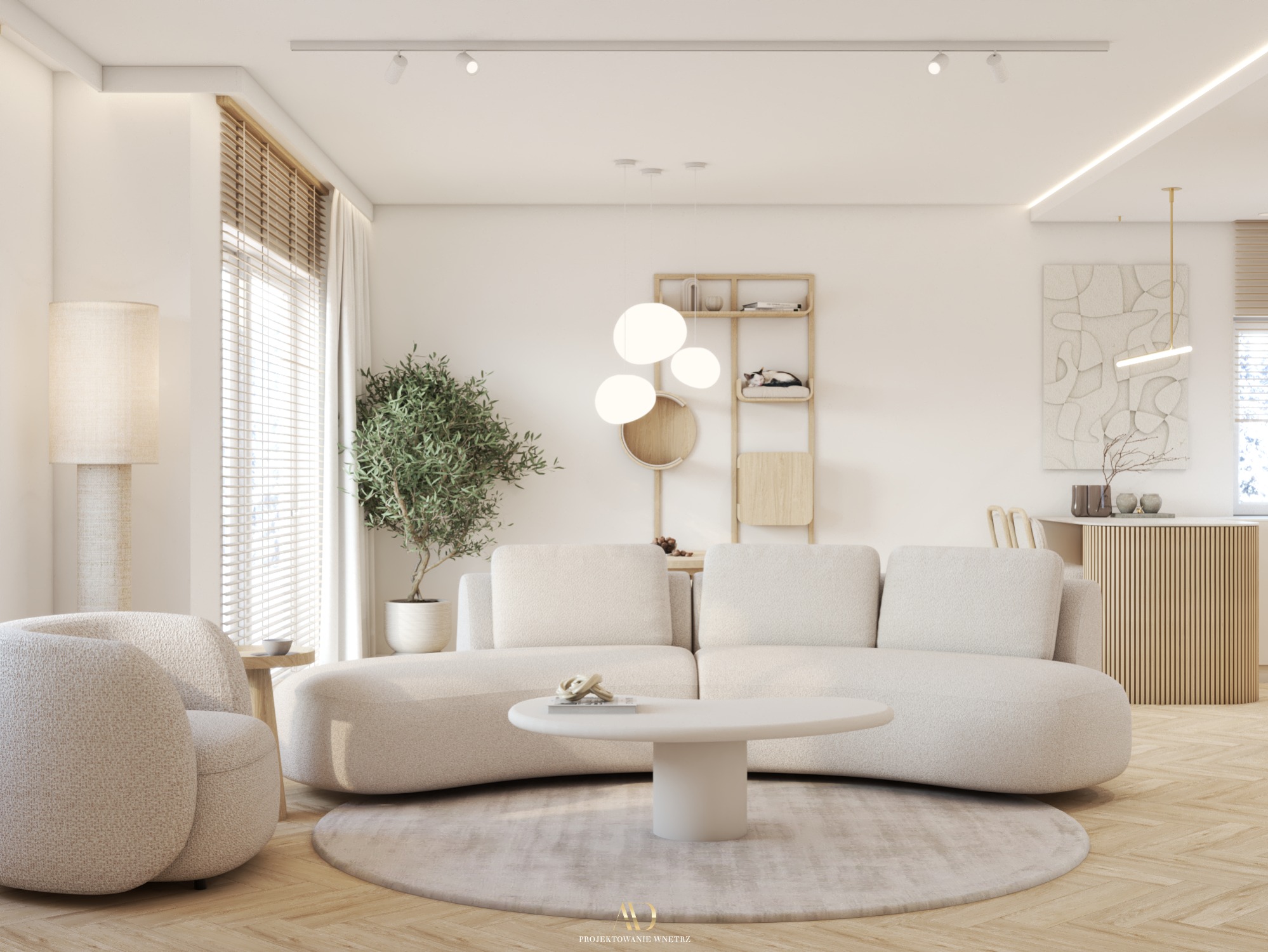 Jasny salon z okrągłym dywanem, beżową sofą modułową, kulistymi lampami i drewnianymi żaluzjami, akcentowany rośliną w doniczce i dekoracjami na stoliku kawowym.