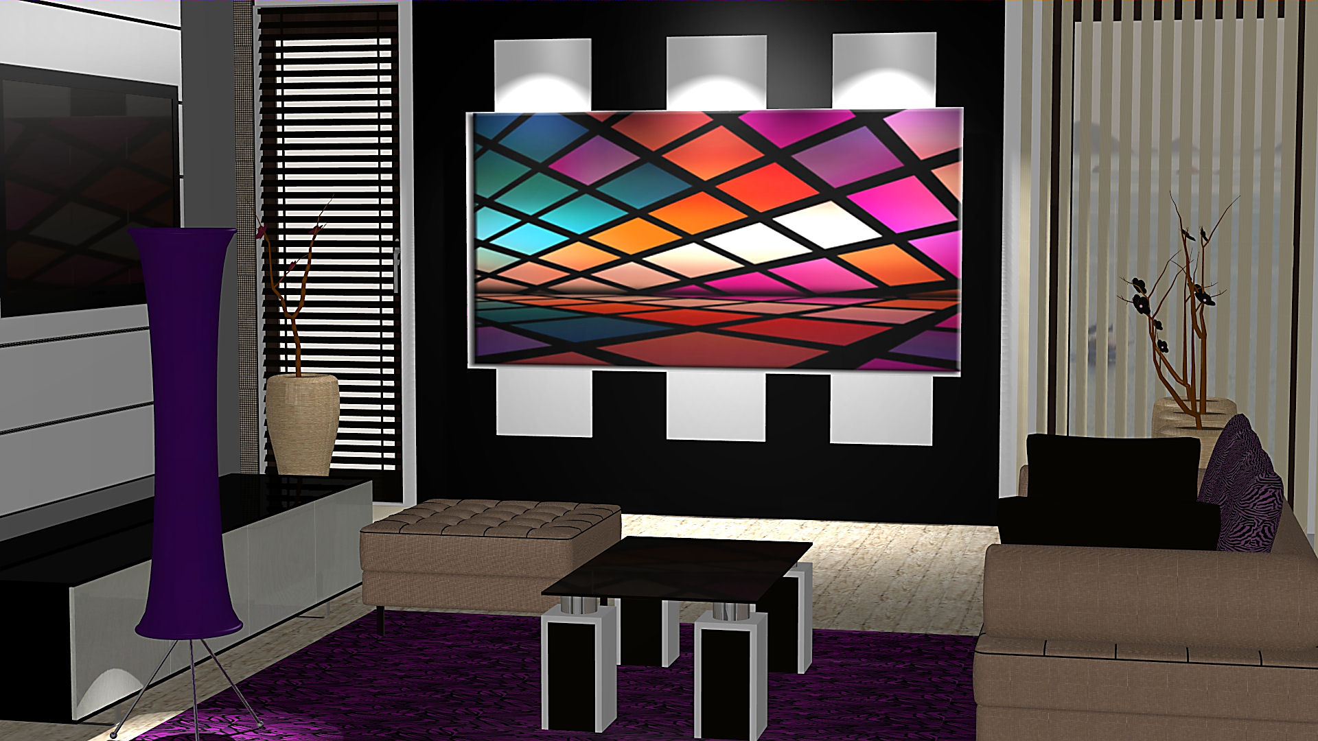 Wizualizacja salonu z nowoczesnym wystrojem: czarno-białe ściany z podświetleniem LED za telewizorem, fioletowy dywan, minimalistyczny stolik kawowy i wysoka, smukła lampa podłogowa w kolorze...