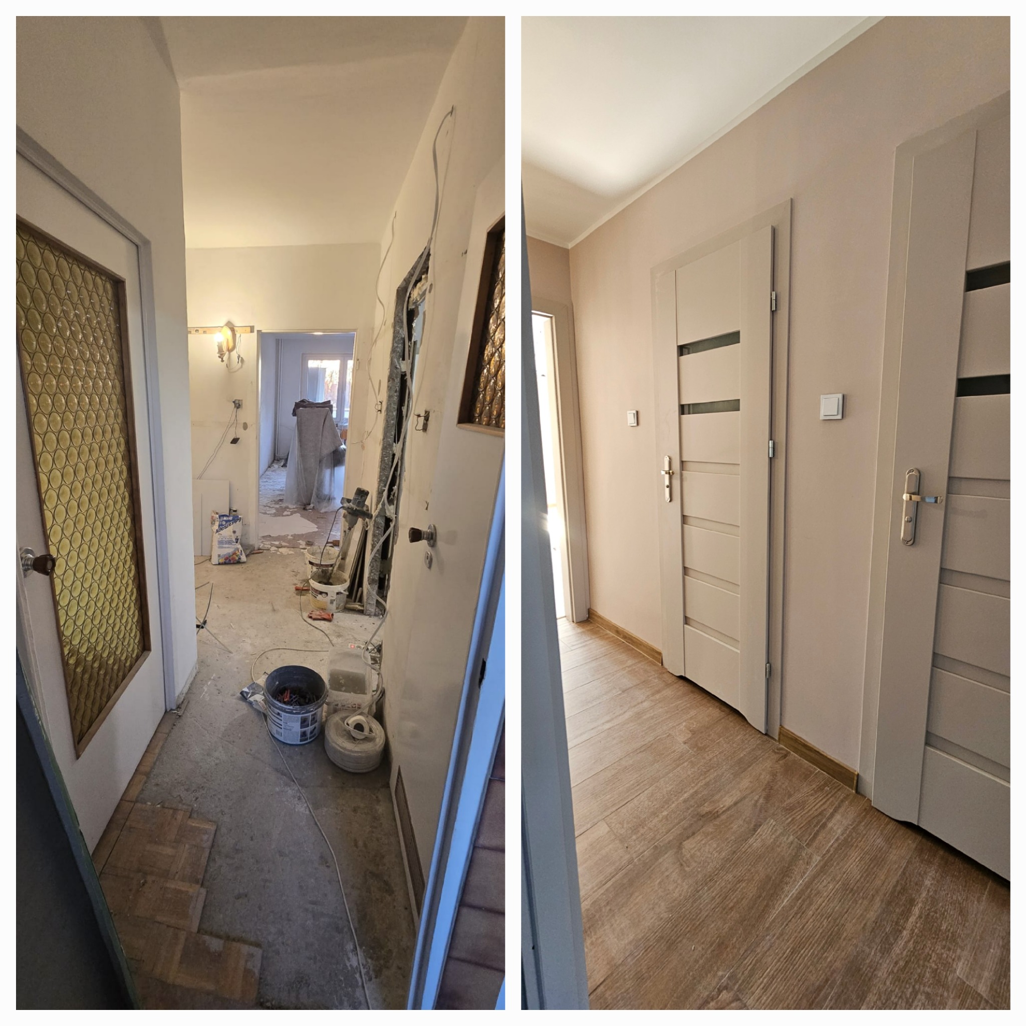 Zdjęcie typu 'przed i po' przedstawia korytarz w trakcie i po remoncie. Po lewej widoczny bałagan, po prawej odnowione ściany, podłoga i nowe drzwi.