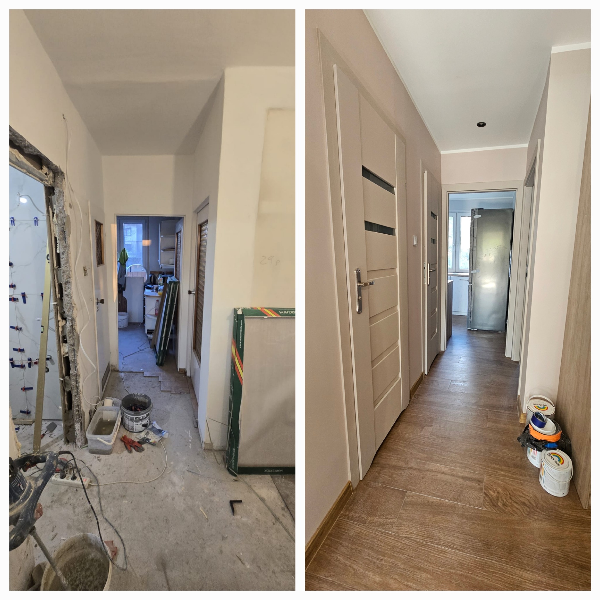 Zdjęcie 'przed i po' remontu korytarza: po lewej surowy stan z widoczną instalacją, po prawej wykończone wnętrze z nowymi drzwiami i podłogą imitującą drewno.