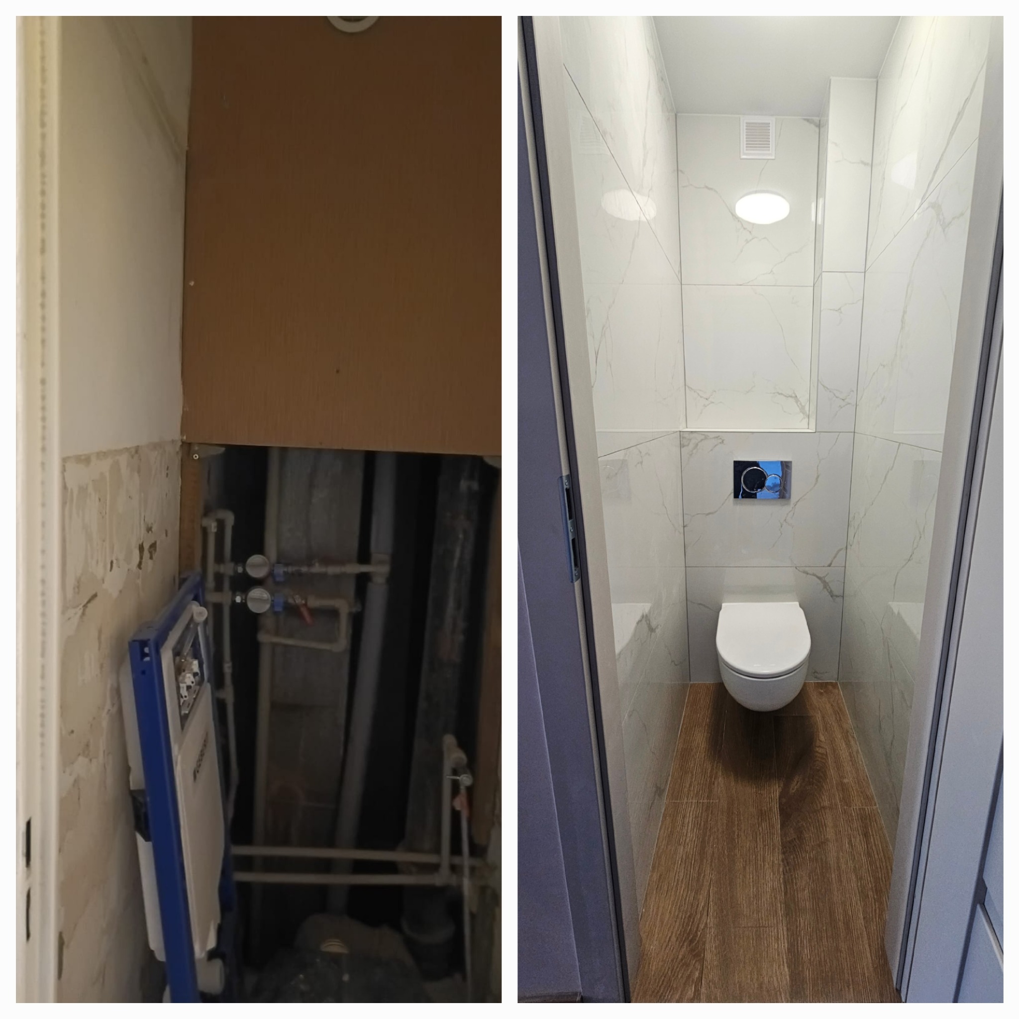 Zdjęcie 'przed i po' remontu toalety: od stanu surowego z instalacjami do wykończonego wnętrza z białymi płytkami imitującymi marmur i drewnopodobną podłogą.