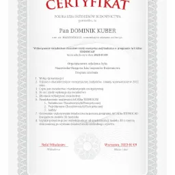 Certyfikat Polskiej Izby Inżynierów Budownictwa potwierdzający uczestnictwo w szkoleniu on-line dotyczącym wykonywania świadectw charakterystyki energetycznej budynku w programie ArCADia-TERMOCAD...